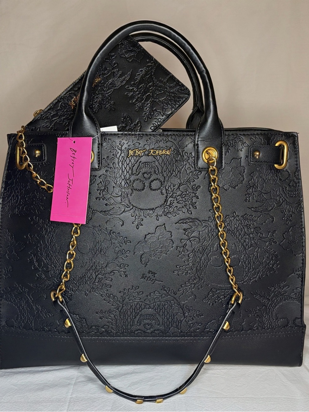 Betsey Johnson Black Embossed Tote with Gold Chain NWT
